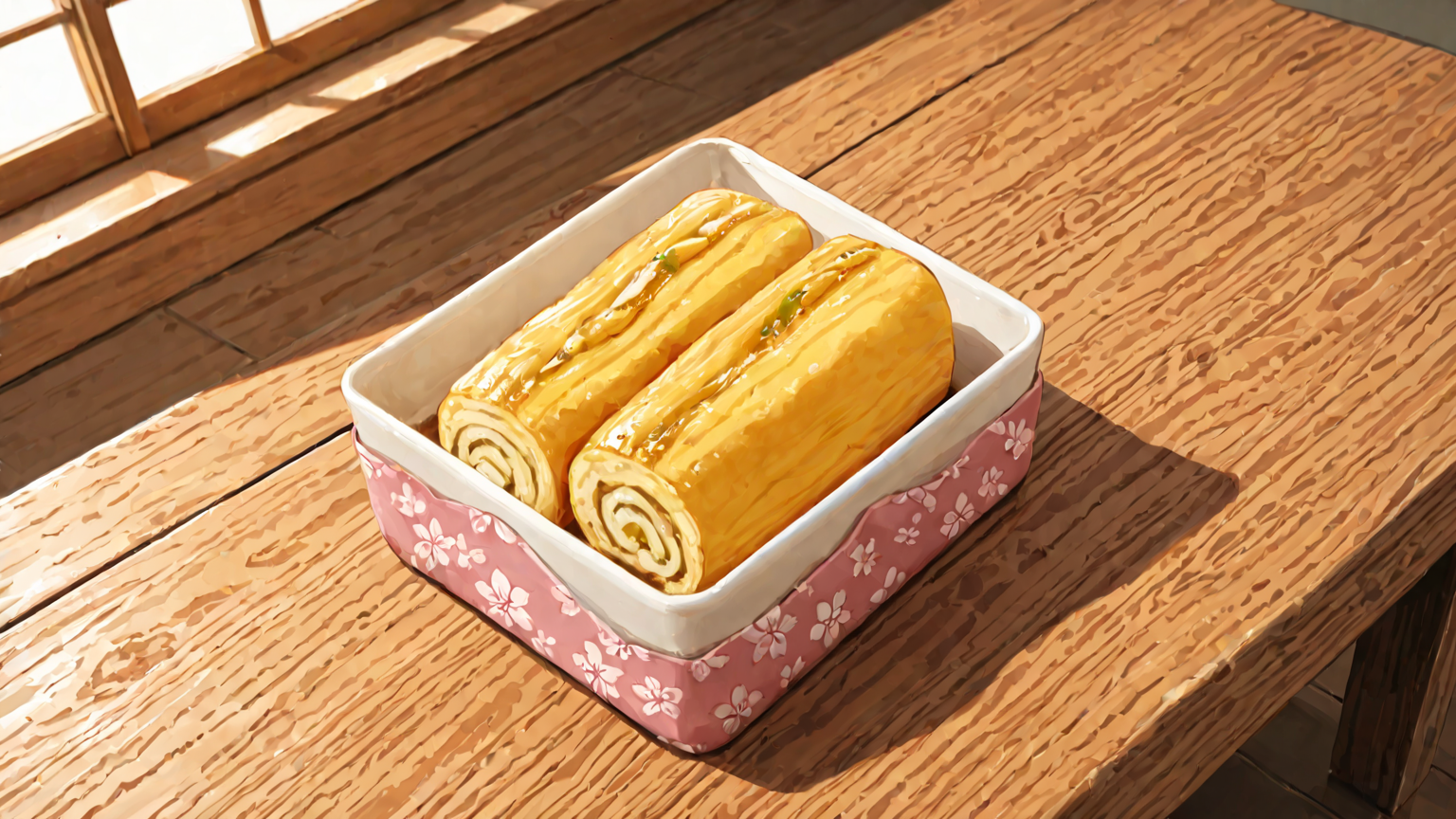 お弁当箱に卵焼きを詰めている様子