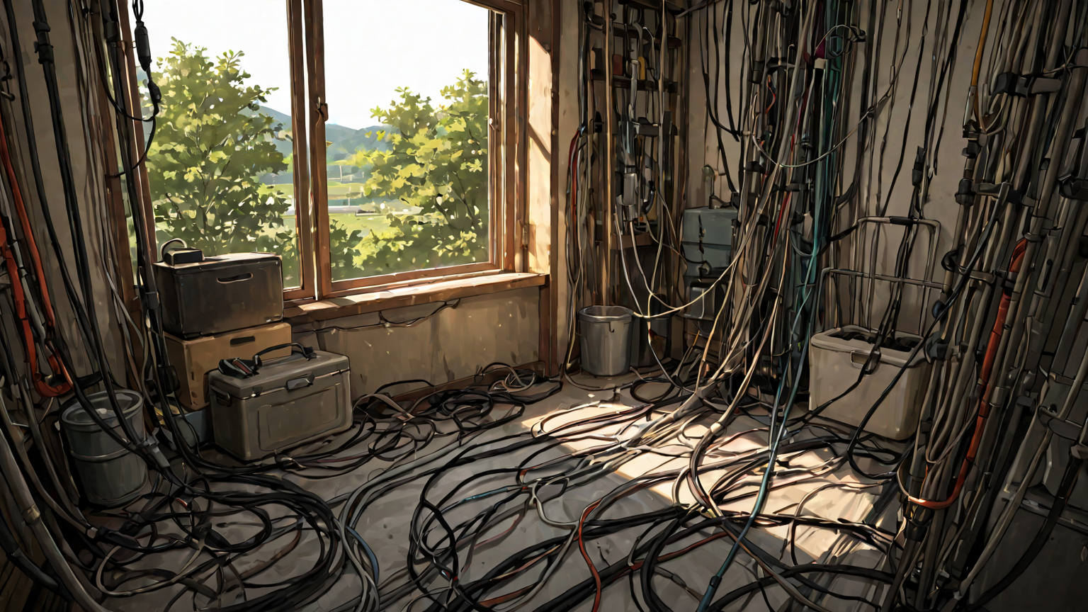 ケーブルをきれいに束ねている様子