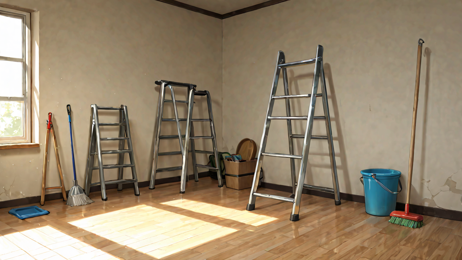 脚立と掃除道具が揃った準備風景
