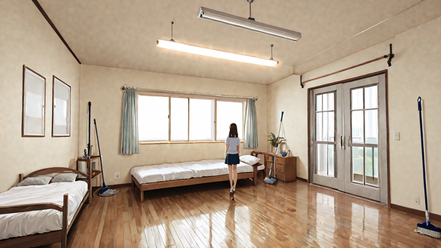 天井を長柄モップで掃除している様子