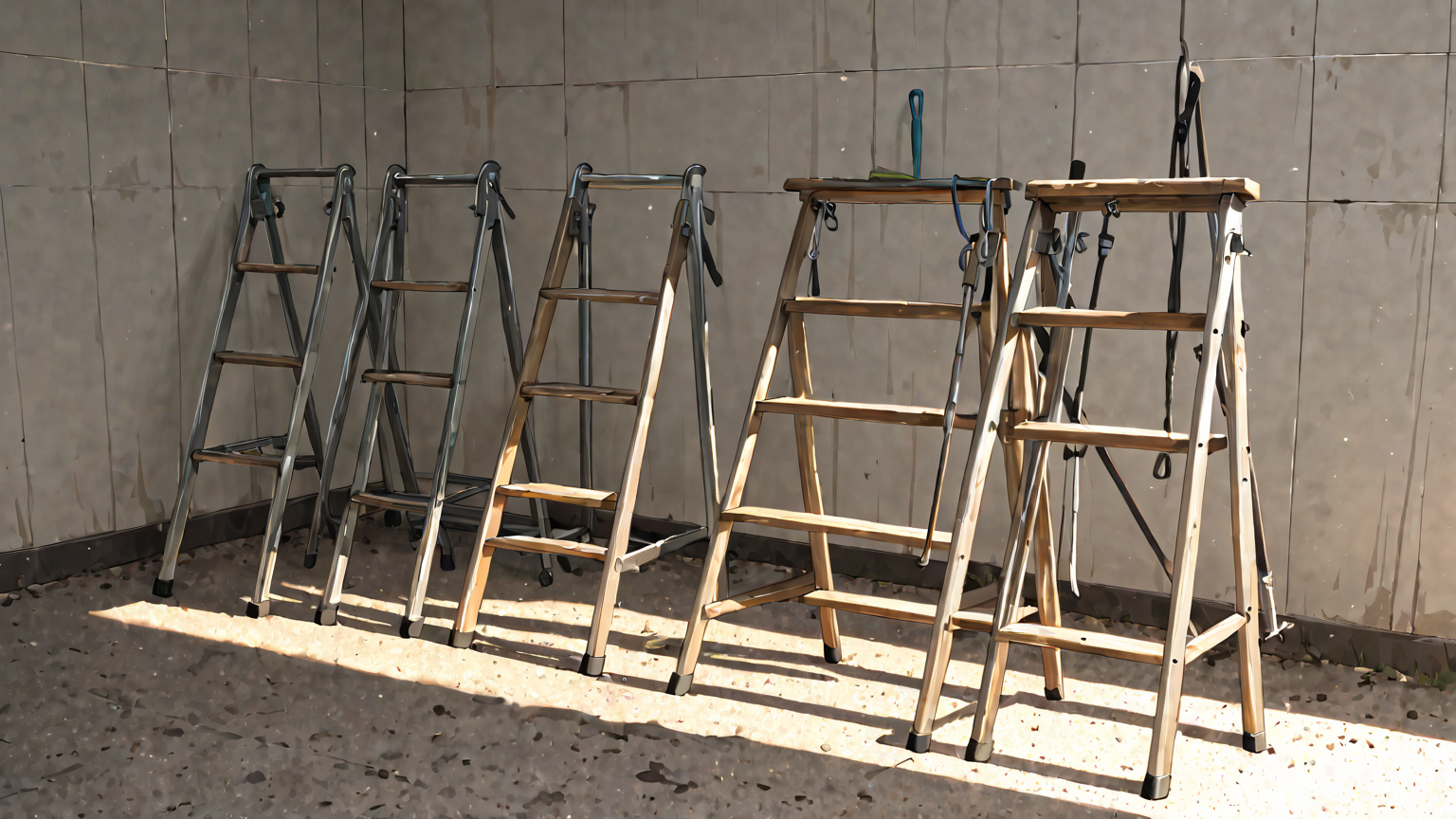 掃除用の長柄モップや脚立の集合写真