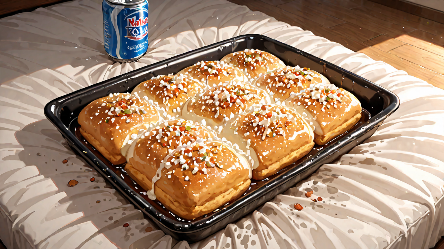 マットレスに重曹を振りかけている様子