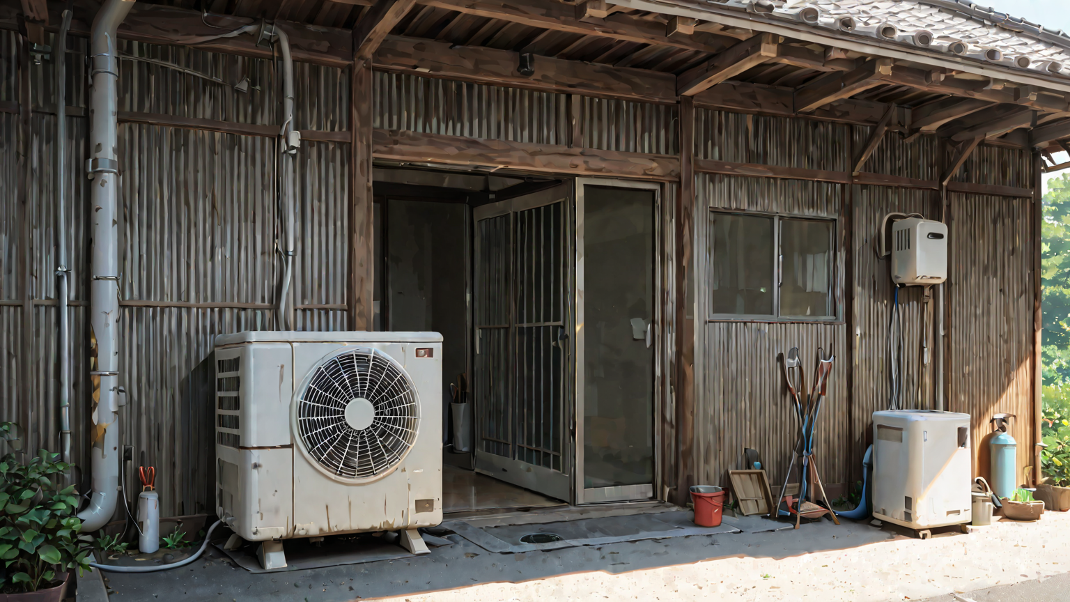 工具を使ってエアコンのドレンホースを掃除する様子