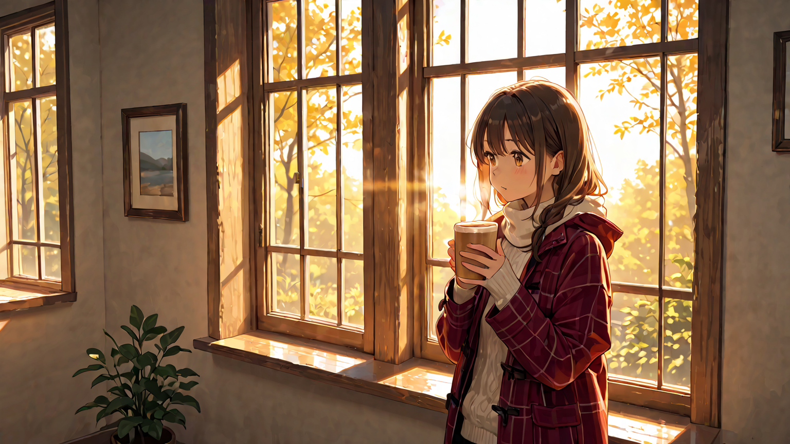 朝日を浴びる人と温かい飲み物