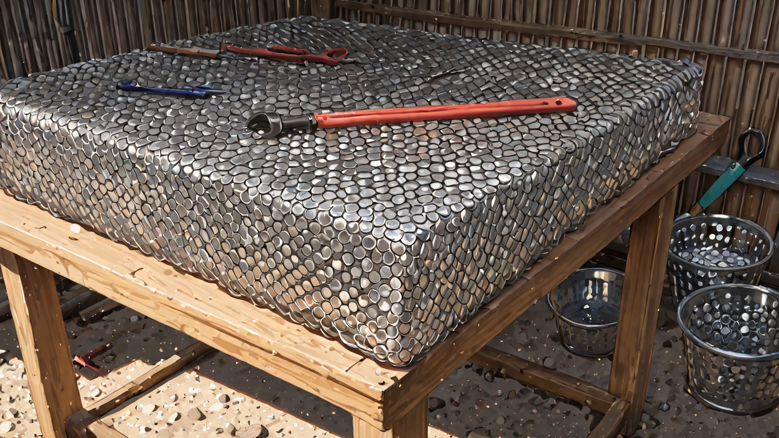 プチプチと道具を用意した作業台