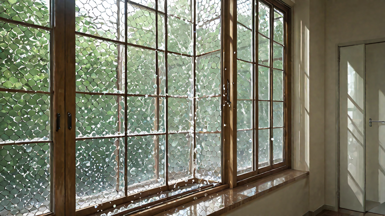 プチプチを窓に水スプレーで貼る様子