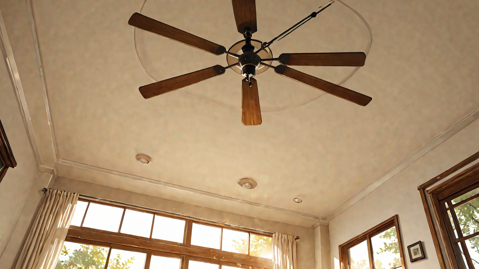 シーリングファンの羽根を掃除する様子