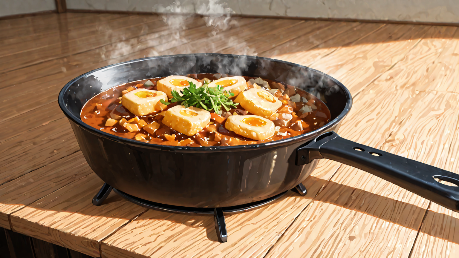 蓋をして蒸し焼きにしているフライパン