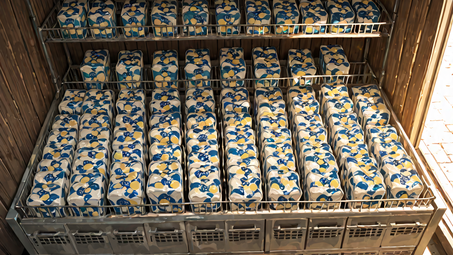 冷凍庫に並べられたヨーグルト容器