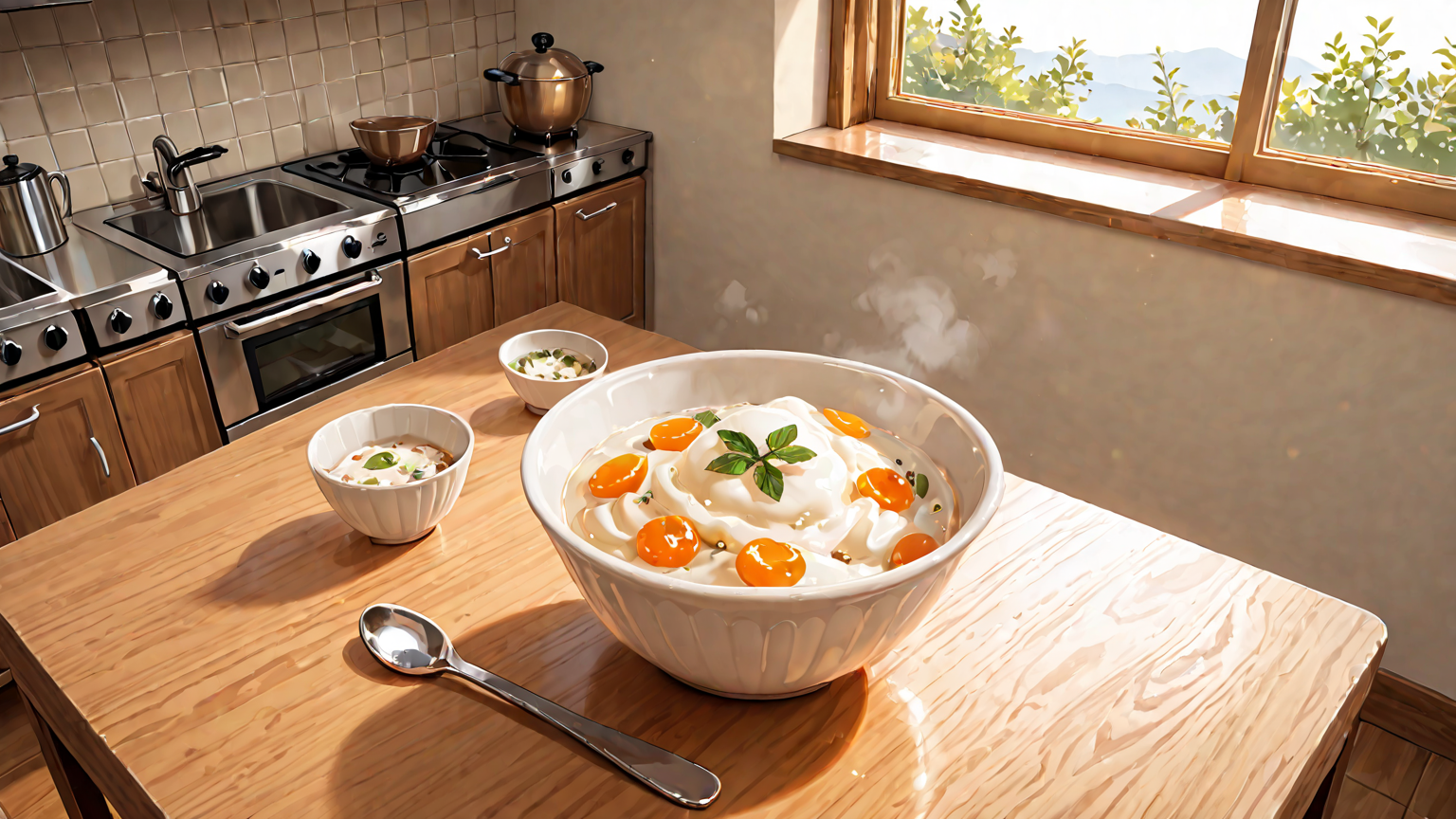 解凍されたヨーグルトをスプーンですくう手元