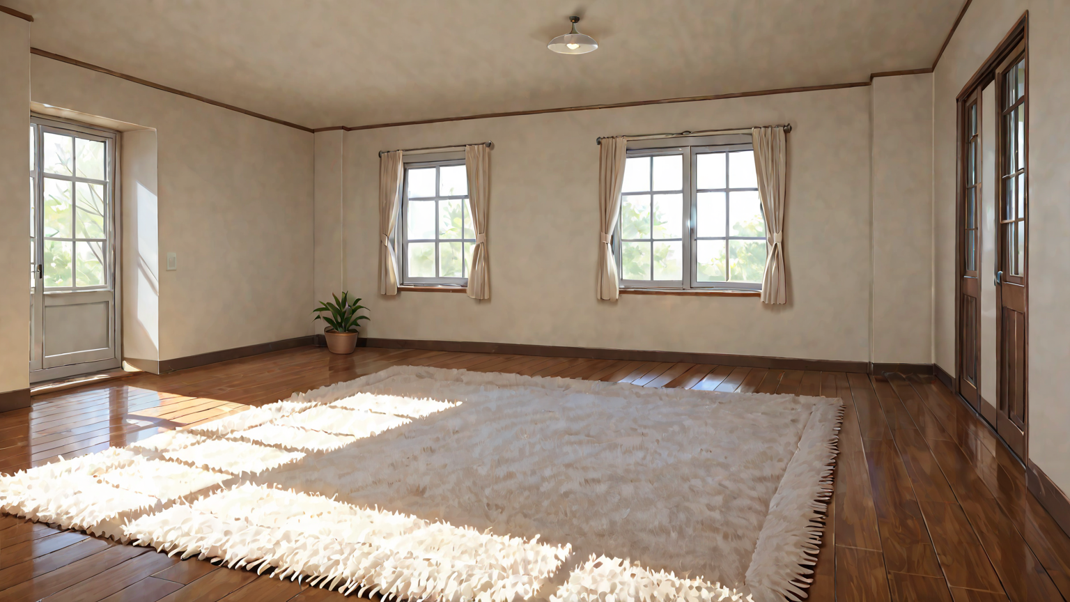 大きなラグを広げて素材を確認する様子