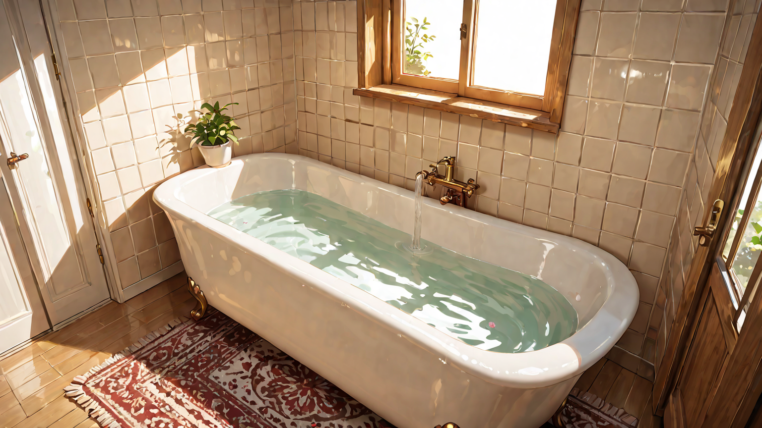 大きいラグを浴槽で手洗いする様子