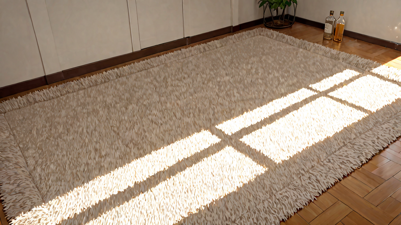 中性洗剤のボトルと大きなラグ