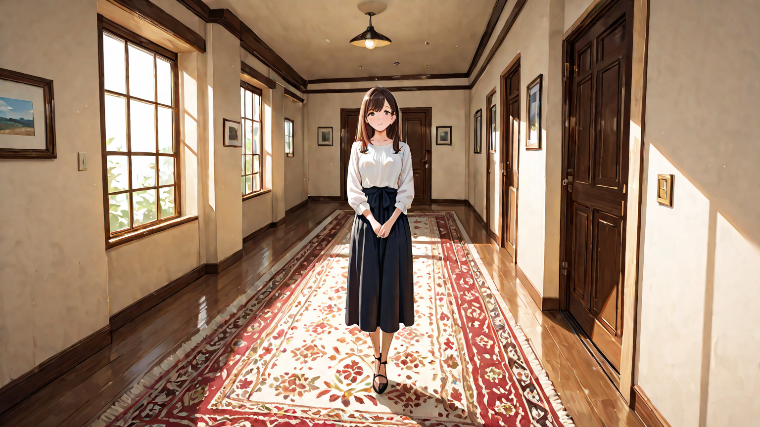 困った表情の女性と大きなラグ