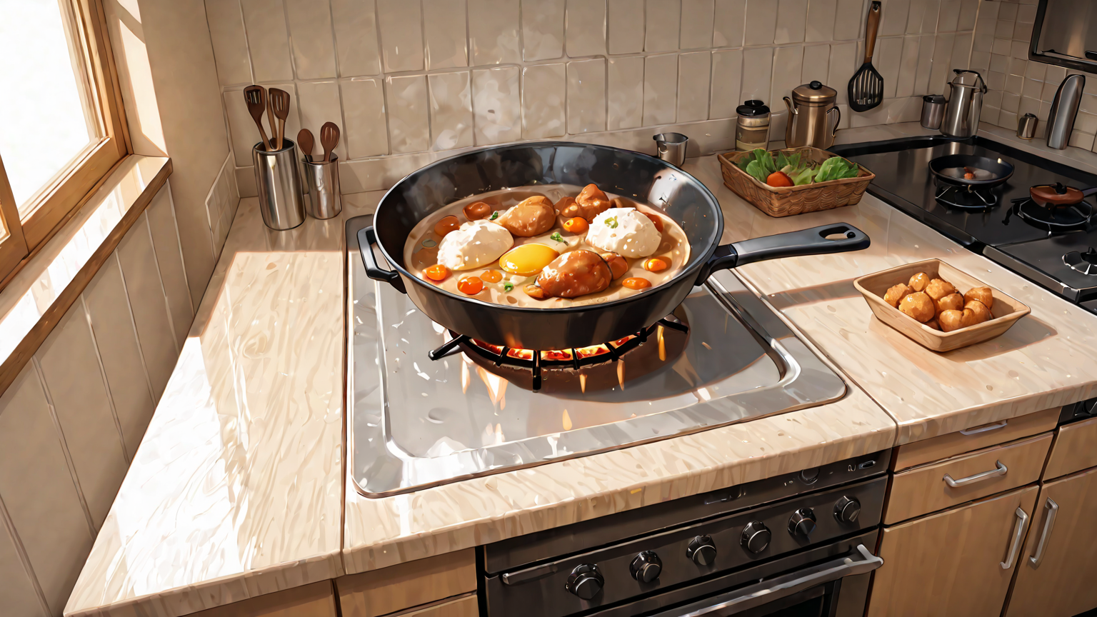 フライパンで鶏もも肉を焼いている様子