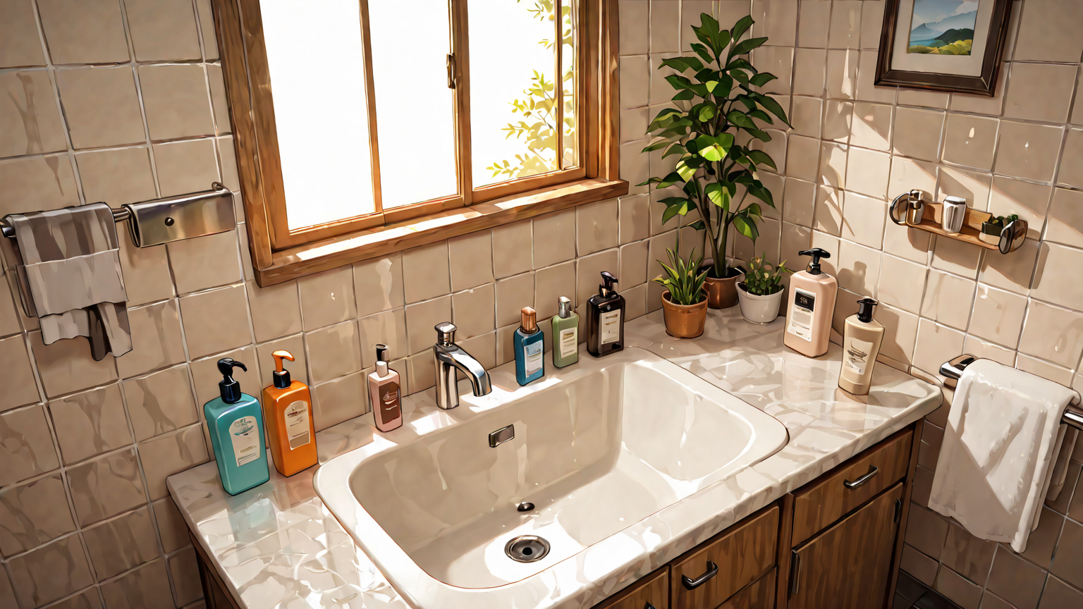 スキンケア用品が並んだ洗面台