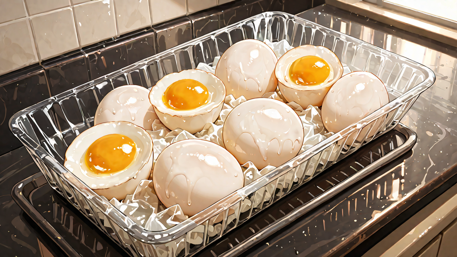 ゆで卵をラップで包んで保存している様子