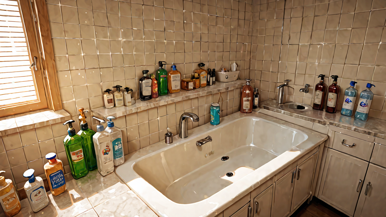 洗剤と漂白剤を用意した洗面所