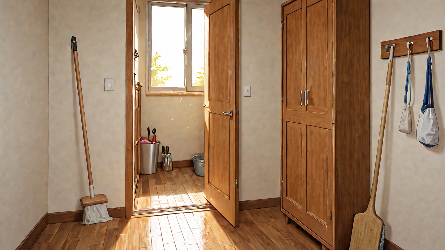 掃除用具と清掃中の押入れの様子