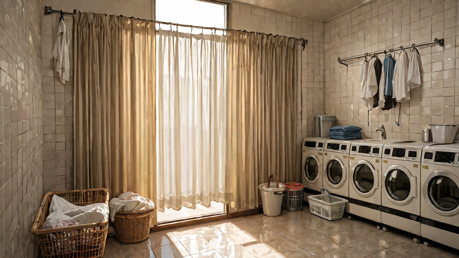 洗濯ネットに入ったカーテンとフック