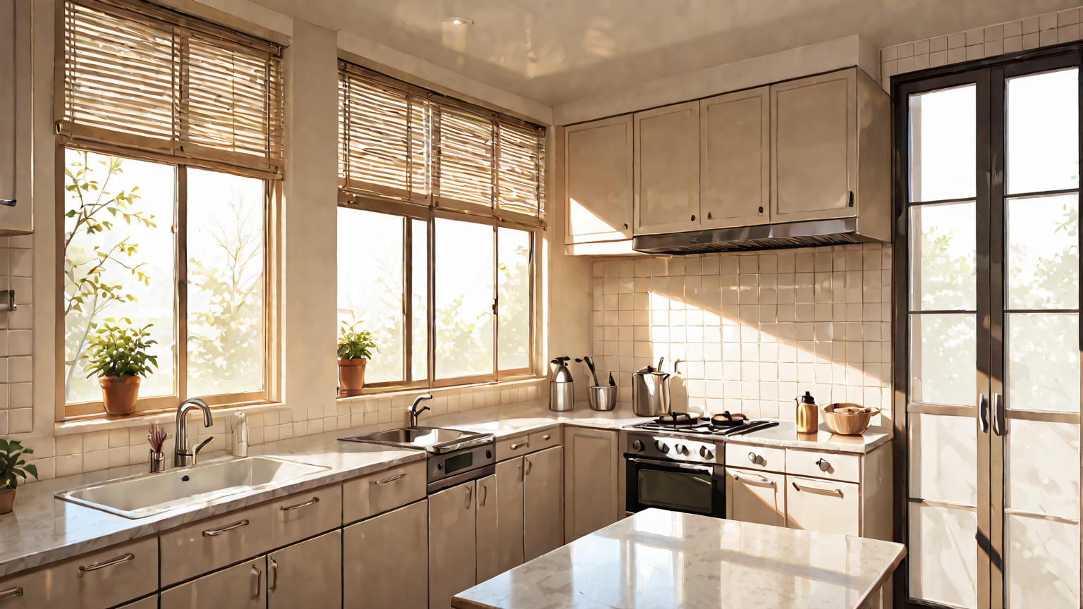 きれいに掃除されたキッチンと網戸