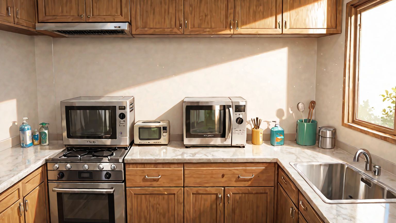 キッチンで電子レンジを清掃する様子