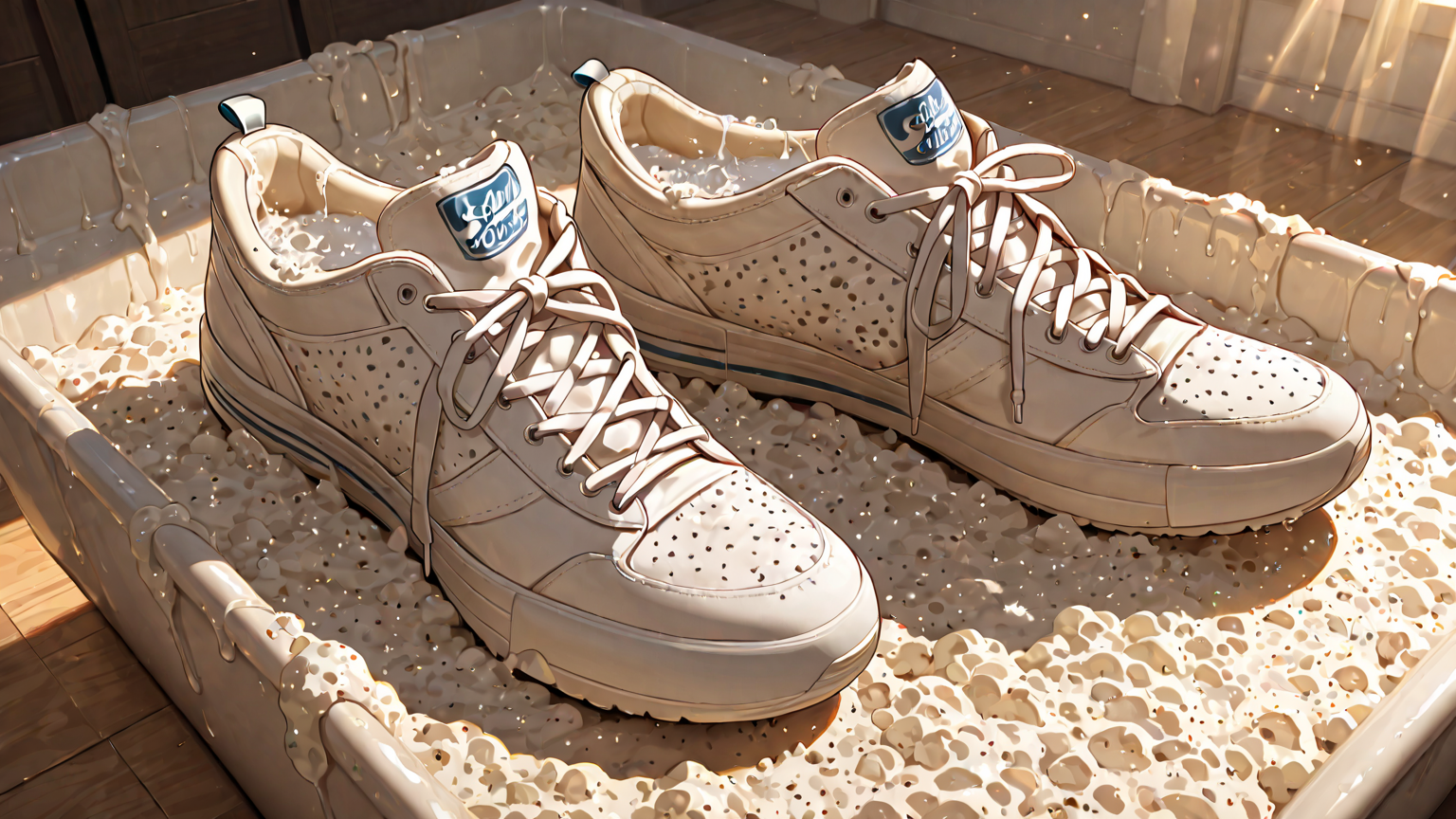 スニーカーに重曹を振りかける様子