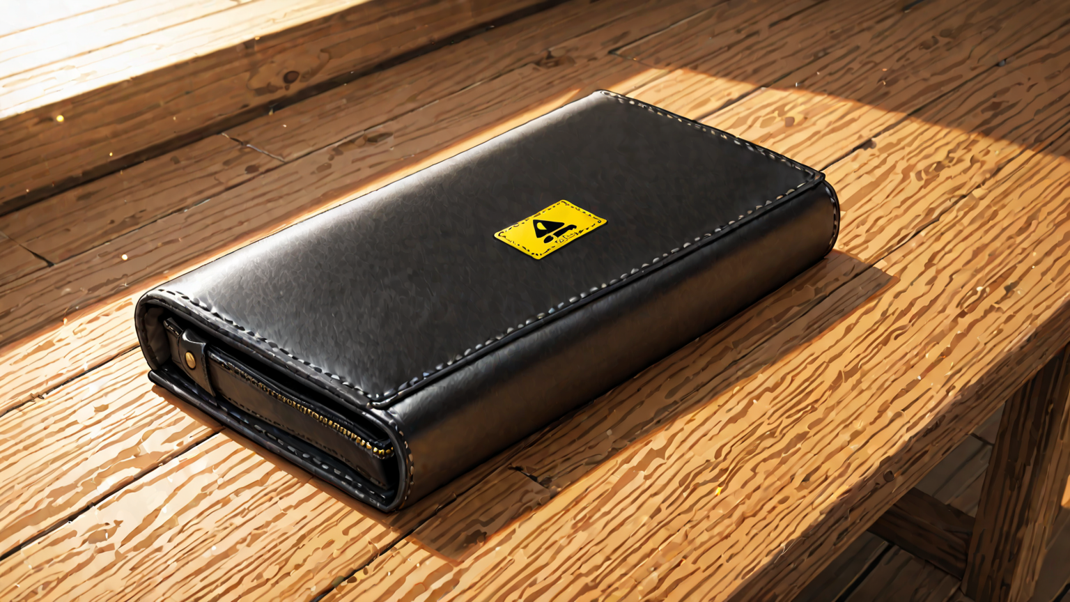 注意マークと革財布