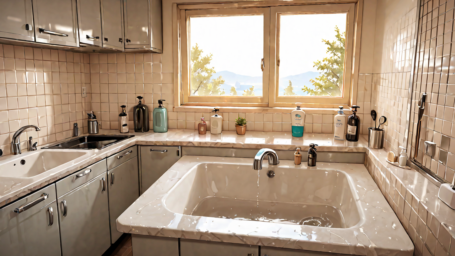 清潔なキッチンと手洗いの様子