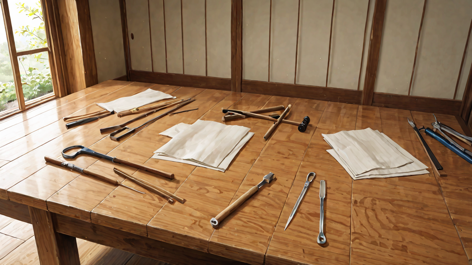 障子張り替えに必要な道具が並んでいる様子