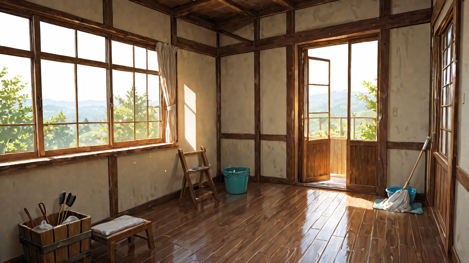 換気中の部屋と掃除道具