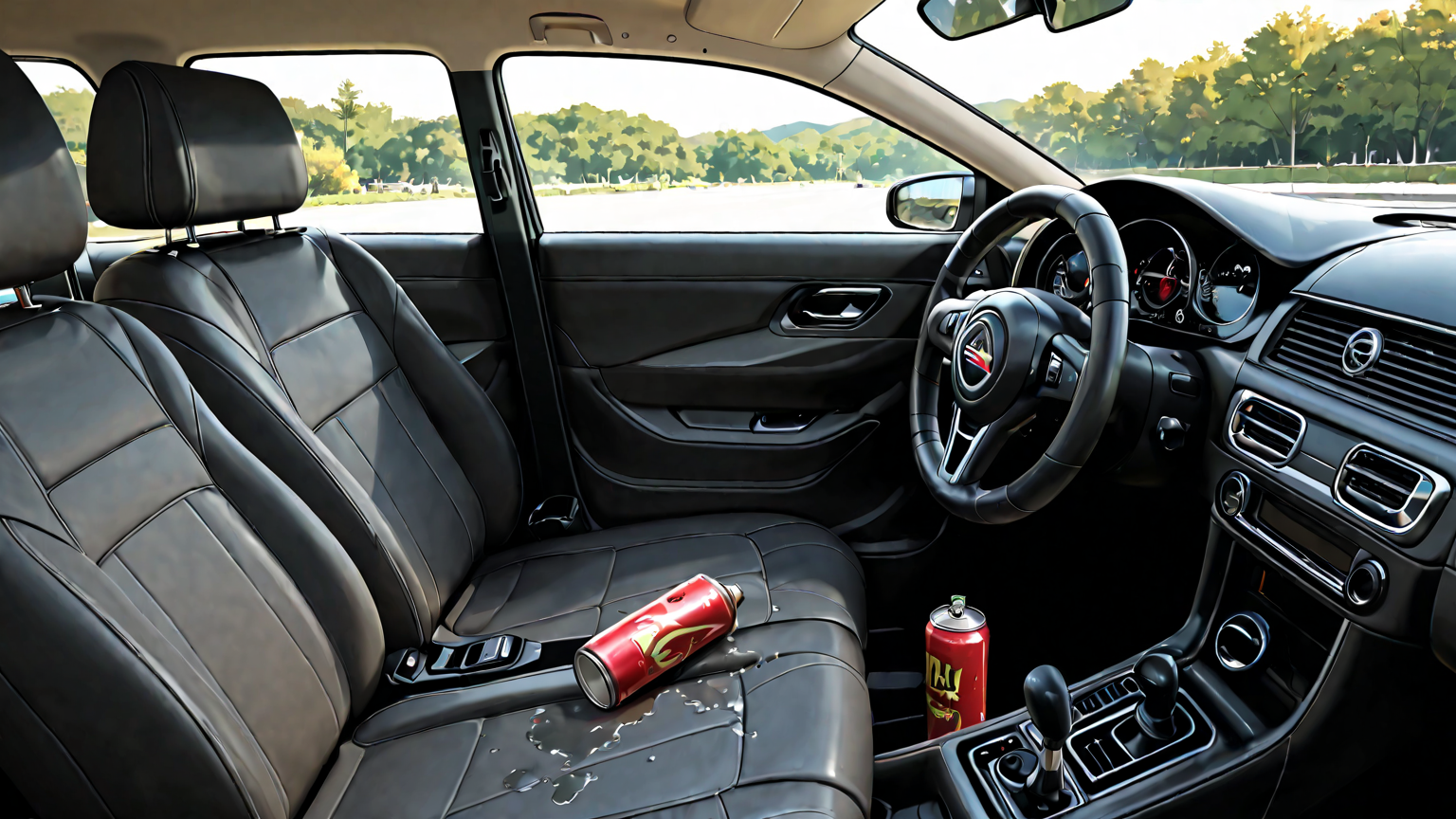 車のハンドルに冷却スプレーをかけている様子