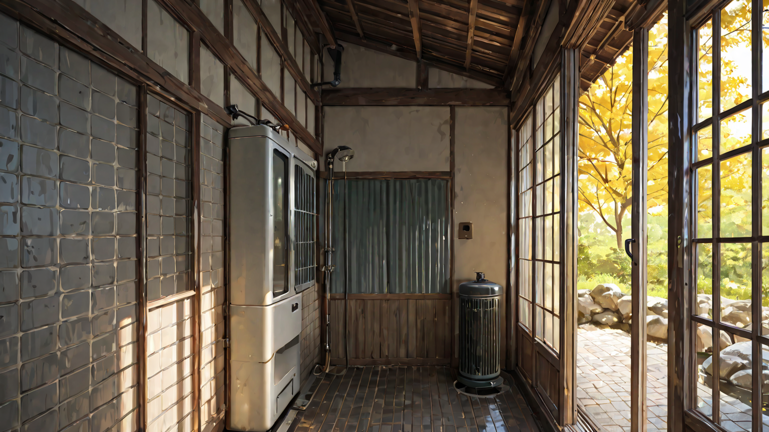 応急処置のため給湯器の元栓を確認する様子