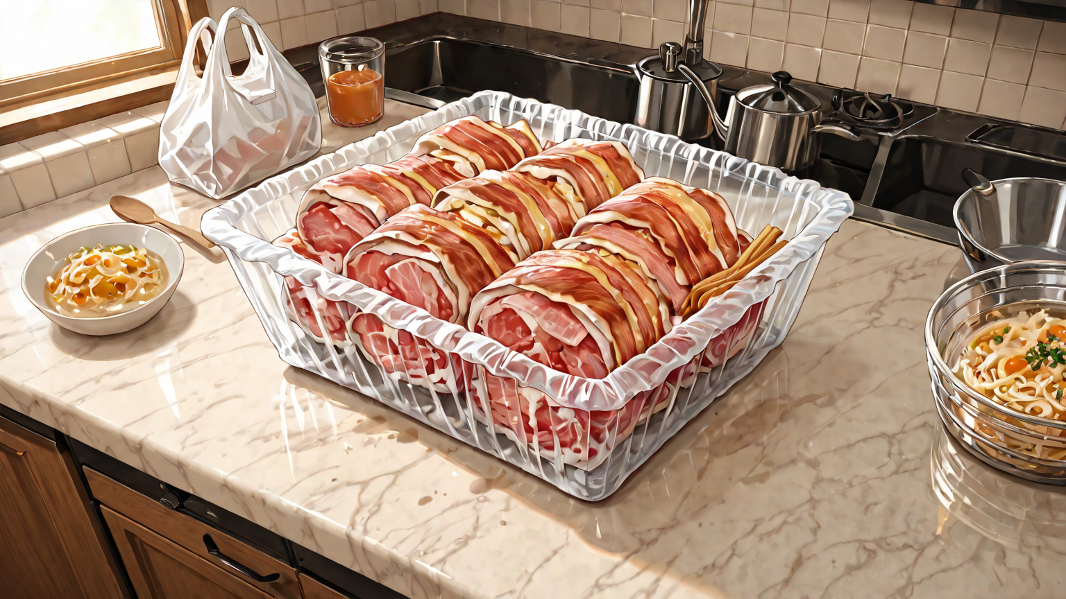 ラップで小分けに包まれたベーコンとジップロック袋