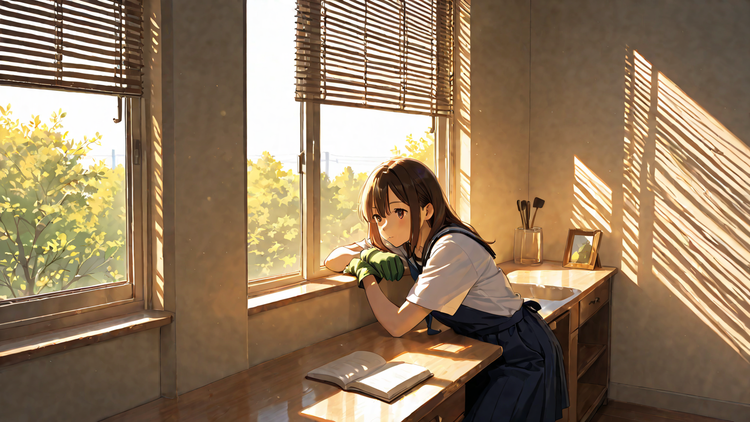 軍手をはめてブラインドを掃除している様子