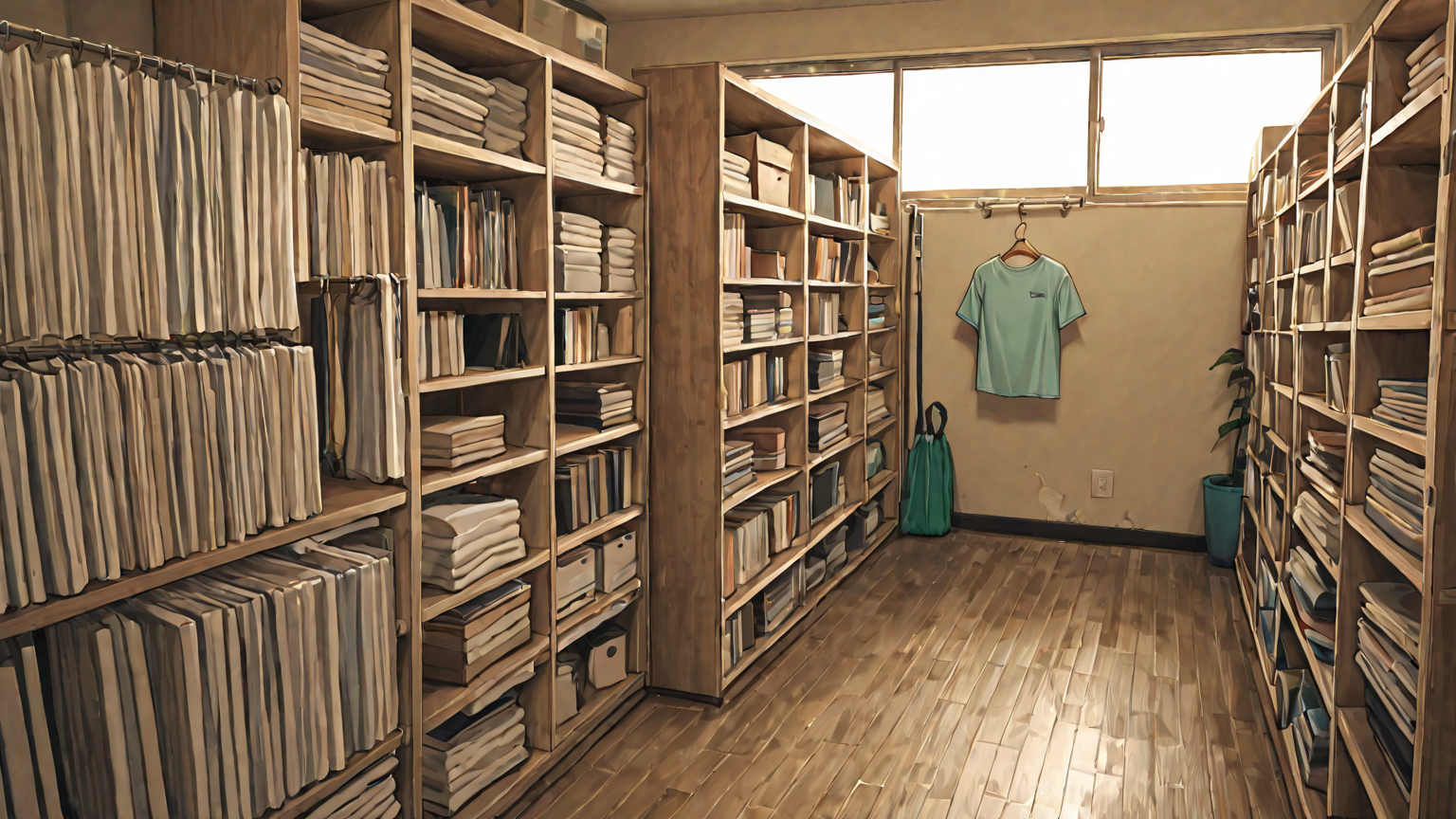 手でTシャツの首元を優しく伸ばす様子