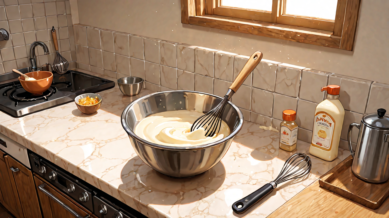 泡立て器でマヨネーズを混ぜている様子