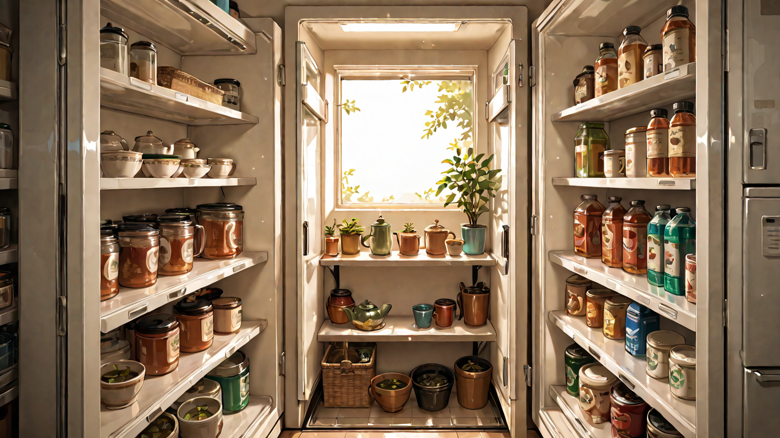 密閉容器に入ったお茶と冷蔵庫の様子