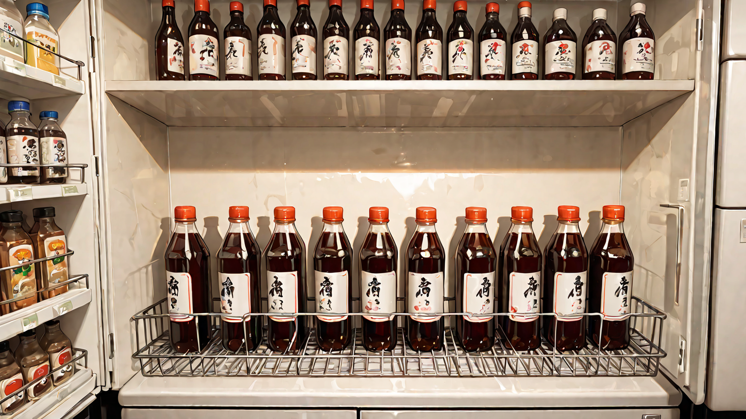 冷蔵庫内に整然と並ぶ醤油ボトル
