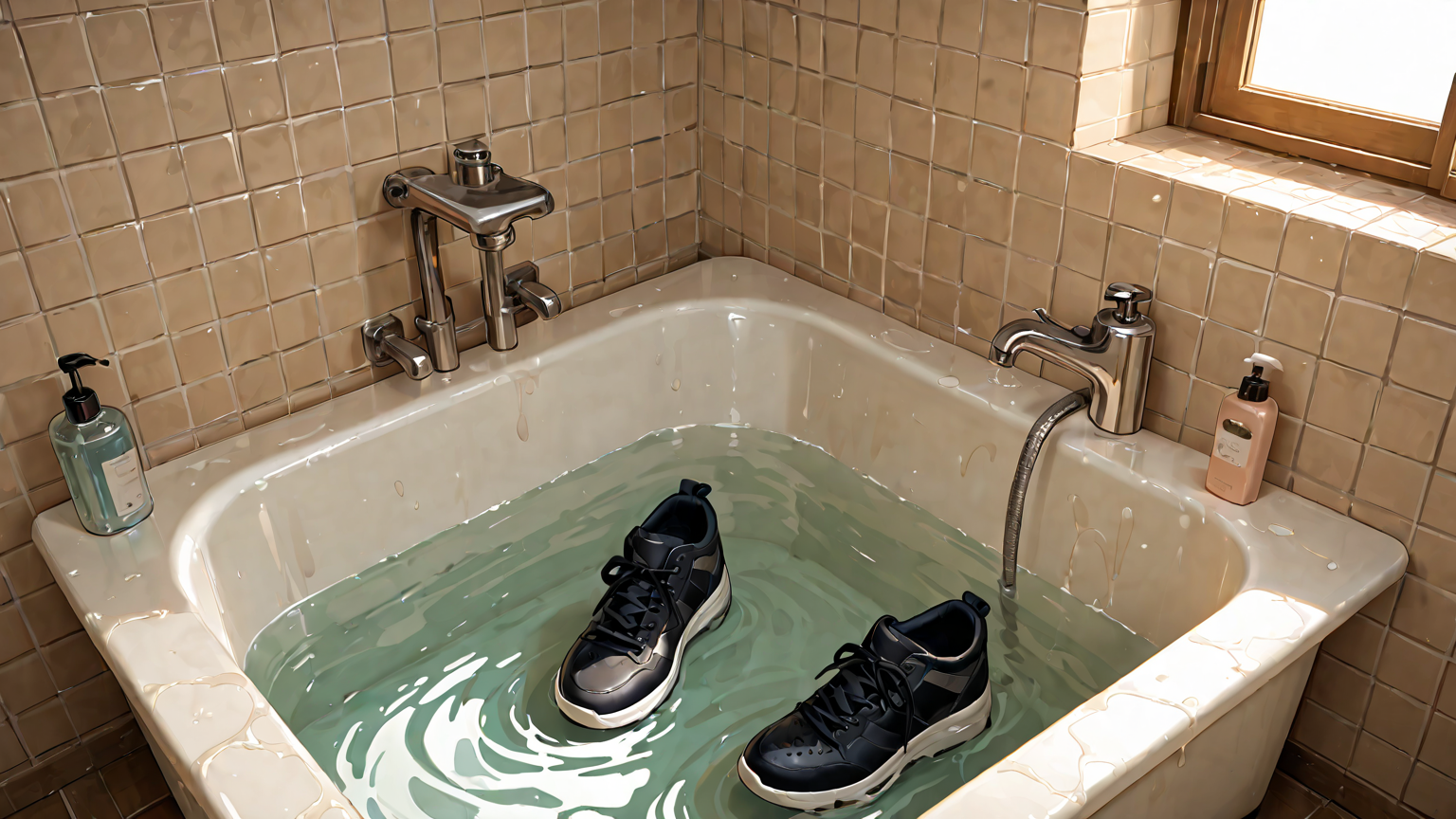 靴紐を洗面器でつけ置きしている様子