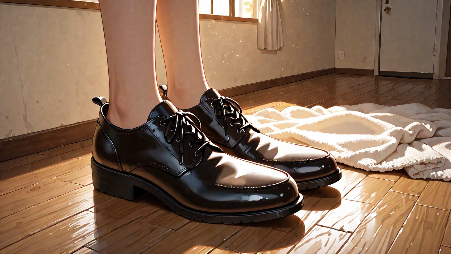 革靴のカビを拭き取る様子