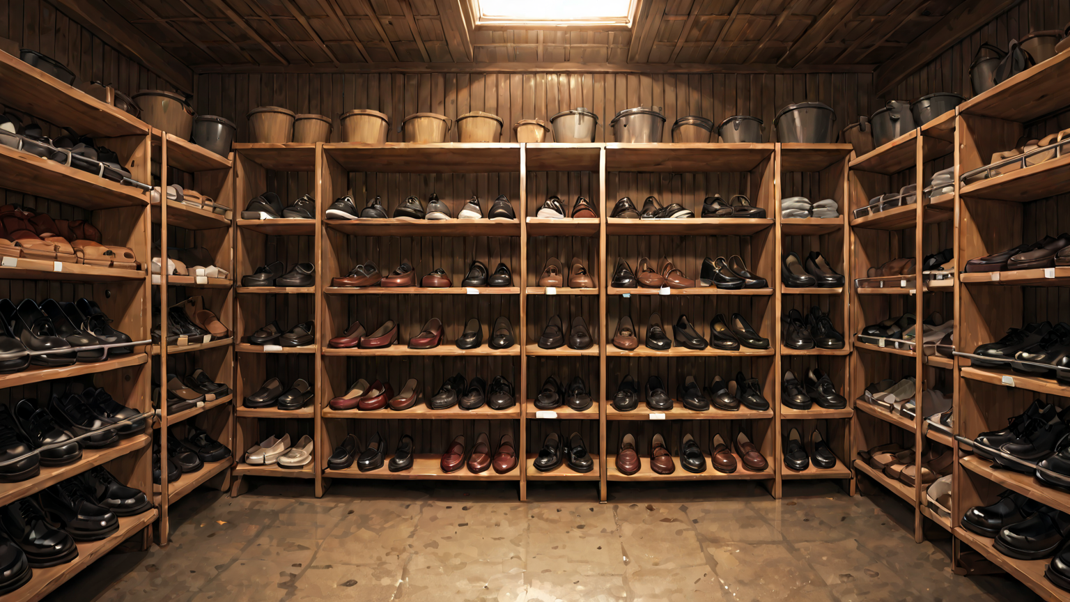 革靴の整理された収納棚
