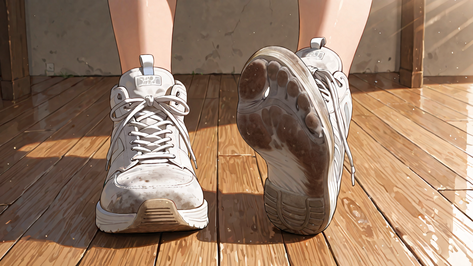 白いスニーカーのソールが汚れている様子