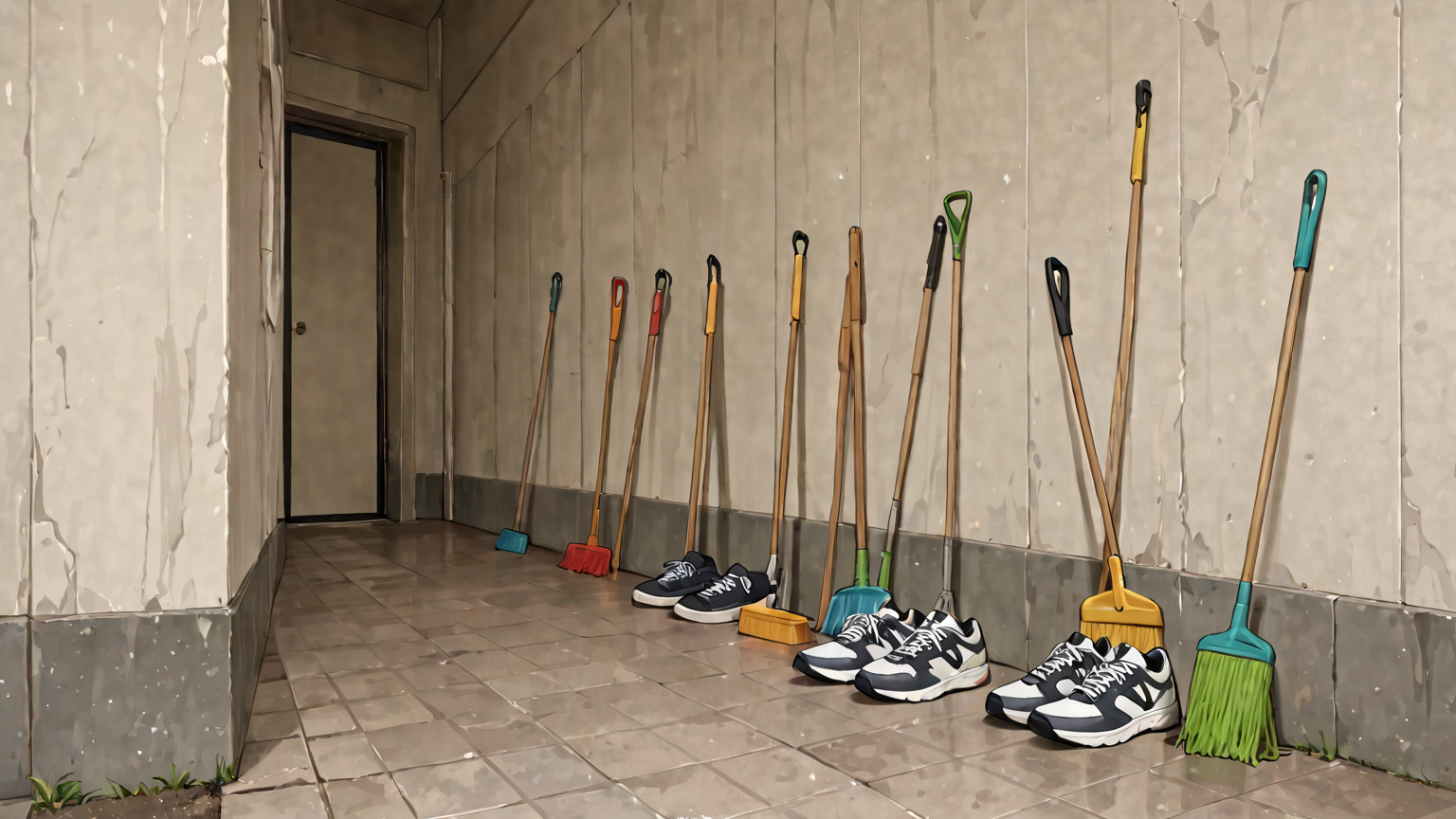掃除道具とスニーカーが並んでいる様子