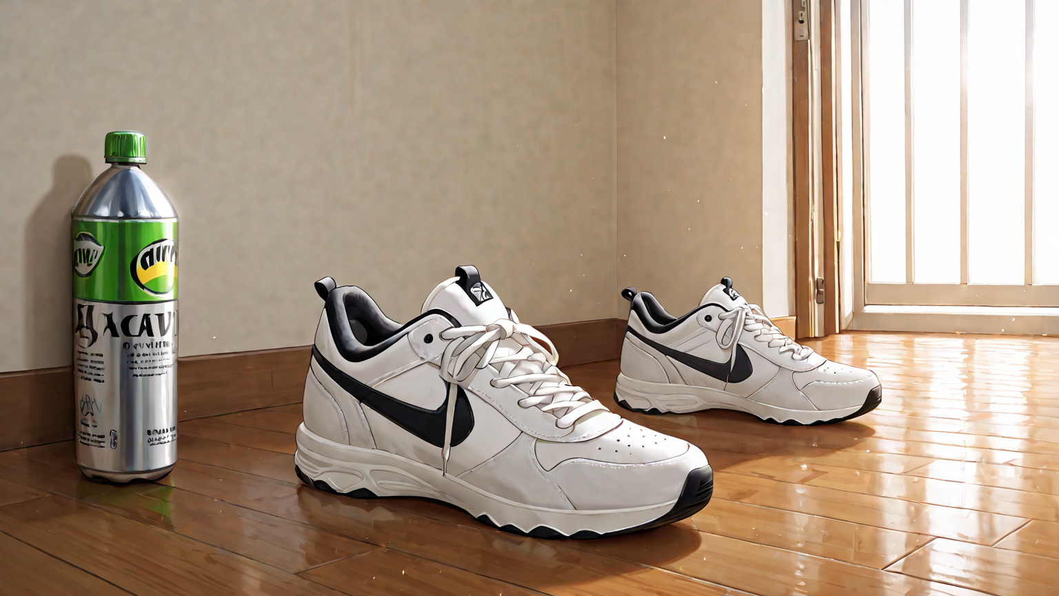 スニーカーを防水スプレーでケアしている様子