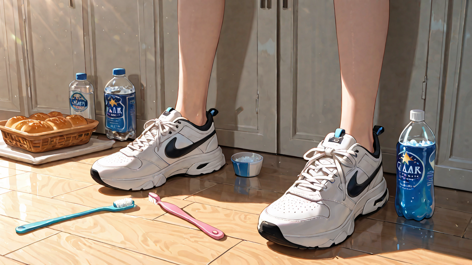 重曹と歯ブラシでスニーカーソールを掃除している様子