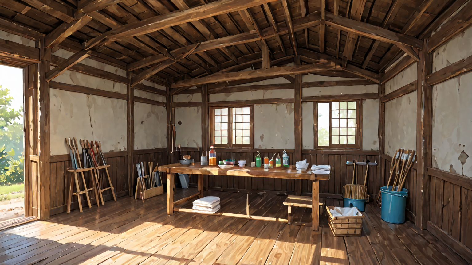 掃除道具が並べられたテーブル