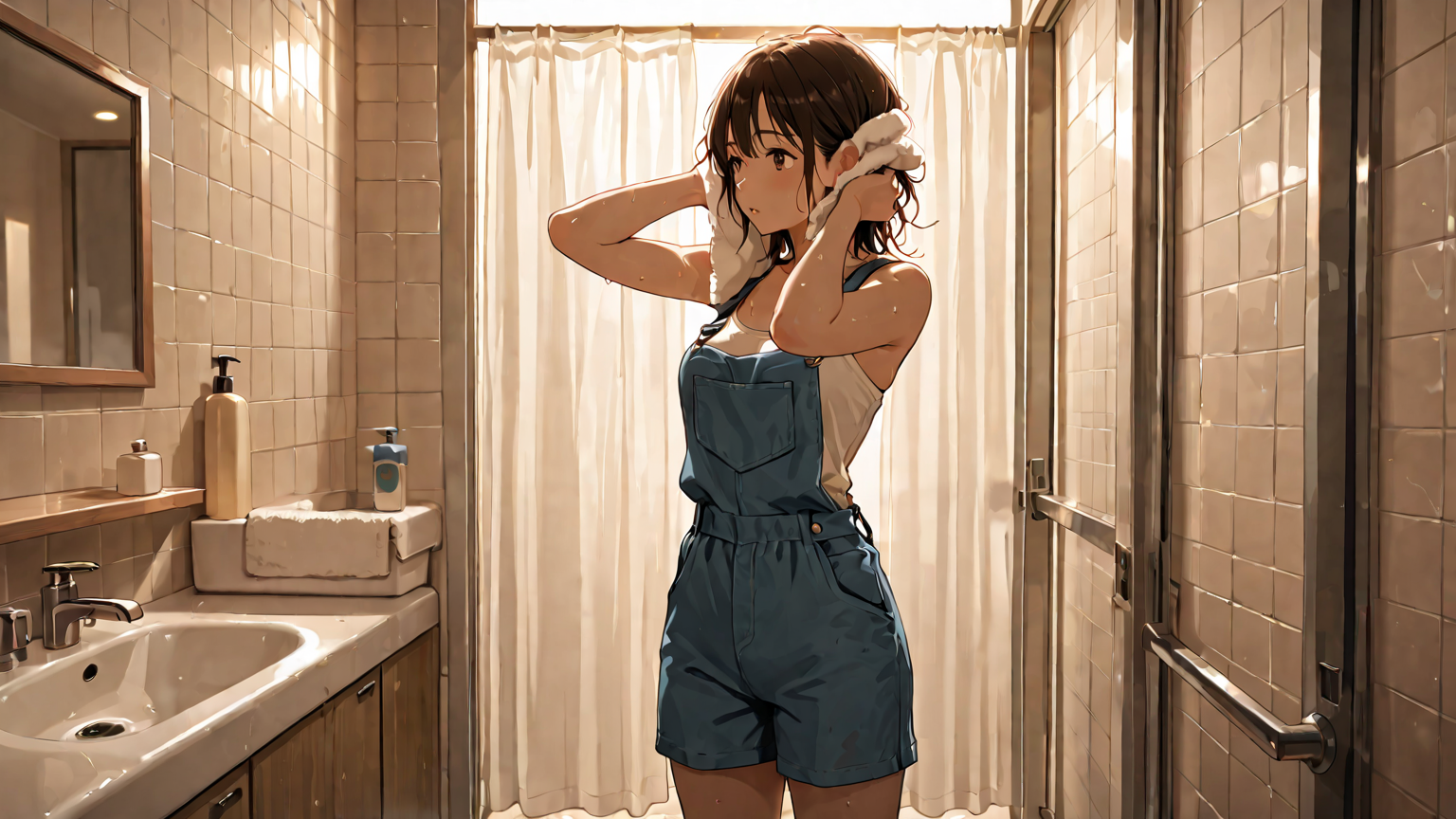 髪をタオルドライする女性