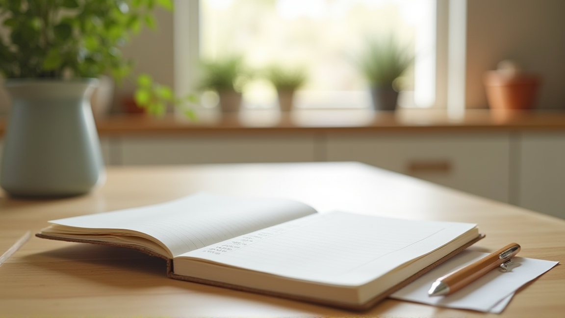 家計簿と電卓、1週間分の献立メモが並ぶテーブル