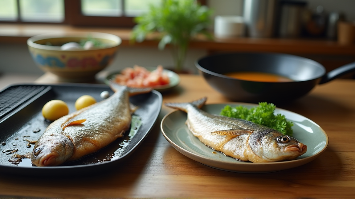 焼き上がったさんまとグリル・フライパンを並べた比較イメージ